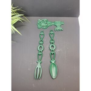Vintage Cast Metal Green Fork and Spoon & Key, Wall Art Decor Set